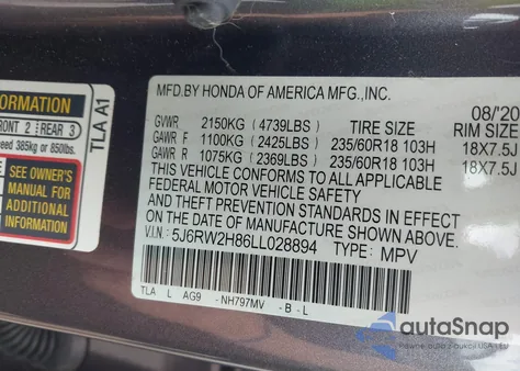 2020 Honda Cr-V Awd Ex-L from USA, damaged, VIN 5J6RW2H86LL028894